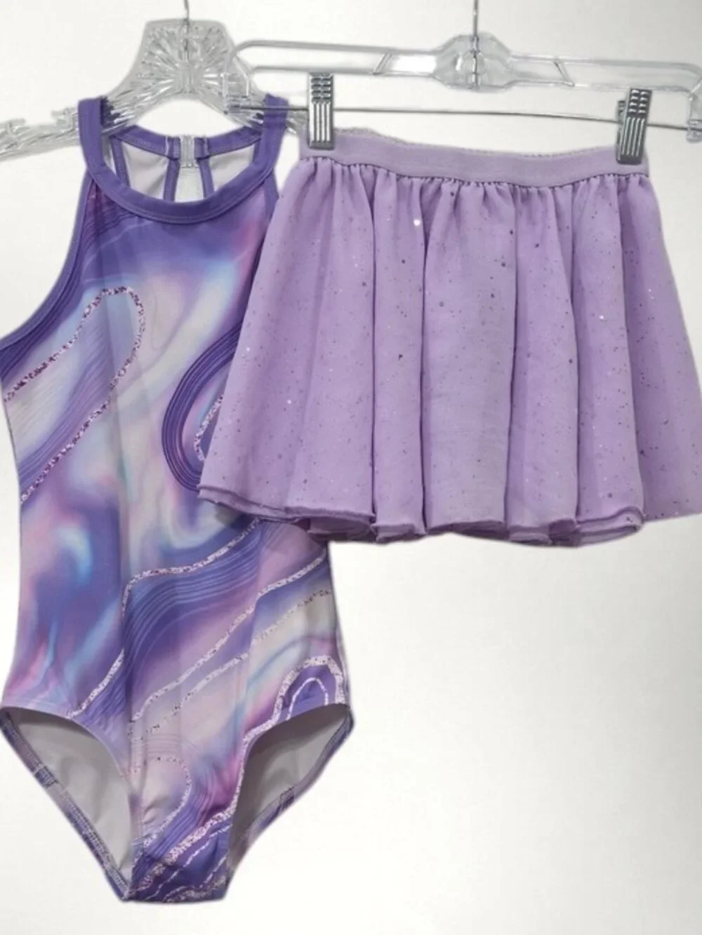 MODAFANS Girls Lavender Marble Gymnastics Leotard Size 8-9 w/Matching Skirt T10